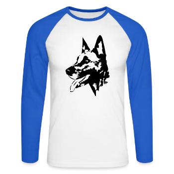 Tête malinoise - T-shirt baseball manches longues Homme - blanc/bleu royal - Devant - Nik (191cm)