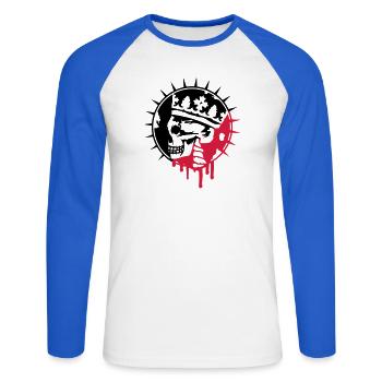 Skull with Crown Graffiti Patch - Unisex Long Sleeve Baseball T-Shirt - white/royal blue - Front - Nik (191cm)
