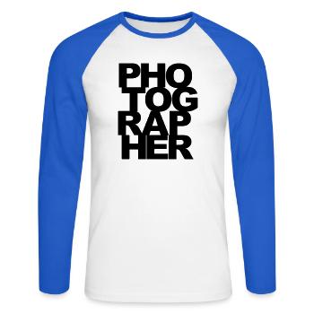 Photographe - T-shirt baseball manches longues Homme - blanc/bleu royal - Devant - Nik (191cm)