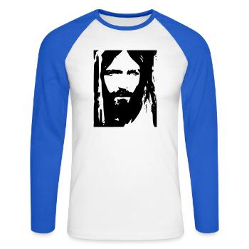 Chemise minimaliste de la Silhouette de Jésus Christian Faith - T-shirt baseball manches longues Homme - blanc/bleu royal - Devant - Nik (191cm)