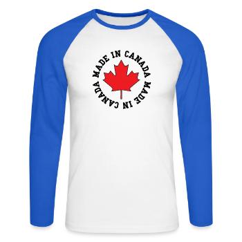 Made in Canada – Maple Leaf Statement - Unisex Long Sleeve Baseball T-Shirt - white/royal blue - Front - Nik (191cm)