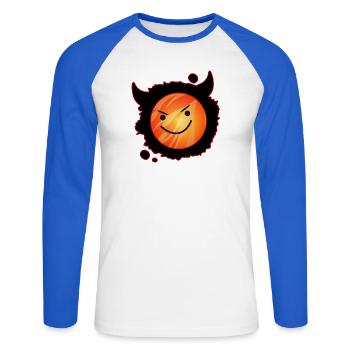 cute devil in flames and glowing face - Unisex Long Sleeve Baseball T-Shirt - white/royal blue - Front - Nik (191cm)