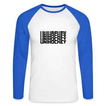 Unihockey - Unisex Baseballshirt langarm - Weiß/Royalblau - Vorne - Nik (191cm)