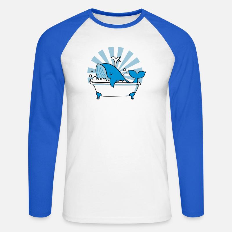 Balena nella vasca da bagno - Divertente design dell'oceano - Maglia da baseball a manica lunga da uomo - bianco/blu royal