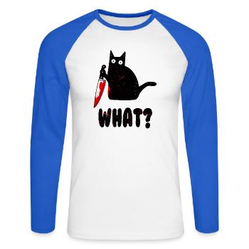 Chat quoi? Chemise drôle de chat noir, chat de chat de meurtre - T-shirt baseball manches longues Homme - blanc/bleu royal - Devant - Nik (191cm)