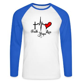 Glauben Sie Hoffnung und Liebe mit Cardio Cross und Herz und - Unisex Baseballshirt langarm - Weiß/Royalblau - Vorne - Nik (191cm)