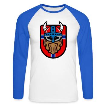 Cool Viking logo with Norwegian flag - Unisex Long Sleeve Baseball T-Shirt - white/royal blue - Front - Nik (191cm)