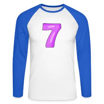 7 lila - Unisex Baseballshirt langarm - Weiß/Royalblau - Vorne - Nik (191cm)