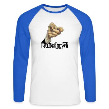 Jeder Mensch ist Kunst | DU BIST KUNST - Unisex Baseballshirt langarm - Weiß/Royalblau - Vorne - Nik (191cm)