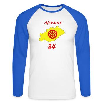Hérault - T-shirt baseball manches longues Homme - blanc/bleu royal - Devant - Nik (191cm)