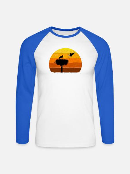 Storch, Horst, Störche, Sonnenuntergang Vogel Flug - Unisex Baseballshirt langarm - Weiß/Royalblau