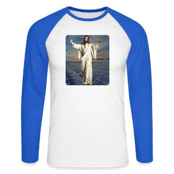 Jesus Figure Winter - Unisex Long Sleeve Baseball T-Shirt - white/royal blue - Front - Nik (191cm)