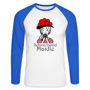 Lustiges Schwarzwald Maidle Bollenhut Design - Unisex Baseballshirt langarm - Weiß/Royalblau - Vorne - Nik (191cm)