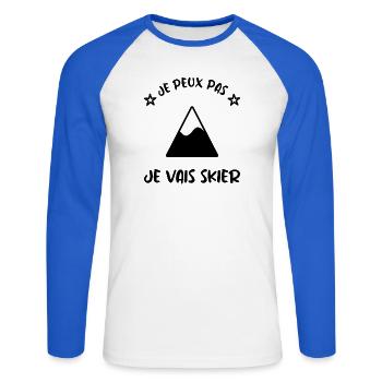 JE PEUX PAS. SKIER. SKI. RAQUETTE. SNOW. SNOWBOARD - T-shirt baseball manches longues Homme - blanc/bleu royal - Devant - Nik (191cm)