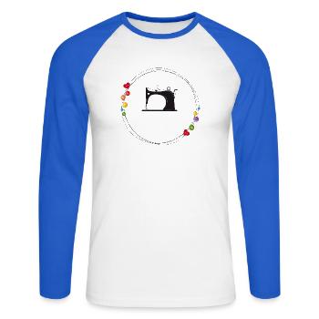 nostalgisch stilisierte Nähmaschine mit Knöpfe - Unisex Baseballshirt langarm - Weiß/Royalblau - Vorne - Nik (191cm)