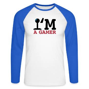 A Gamer Bold Typografie - Unisex Baseballshirt langarm - Weiß/Royalblau - Vorne - Nik (191cm)