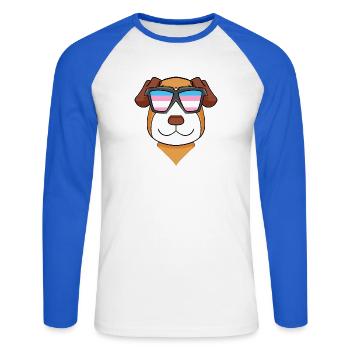 Transgender Jack Russell Terrier Hund - Unisex Baseballshirt langarm - Weiß/Royalblau - Vorne - Nik (191cm)