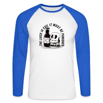 The liver is evil and is punished - Unisex Long Sleeve Baseball T-Shirt - white/royal blue - Front - Nik (191cm)