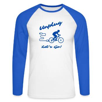 Unplug Let's Go - Unisex Baseballshirt langarm - Weiß/Royalblau - Vorne - Nik (191cm)