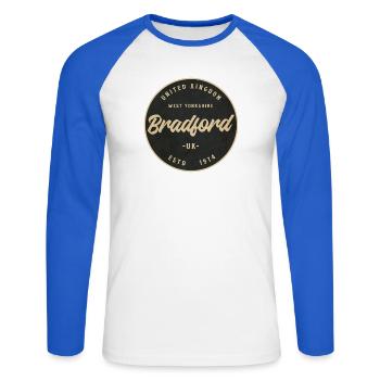Insigne circulaire vintage Bradford - T-shirt baseball manches longues Homme - blanc/bleu royal - Devant - Nik (191cm)