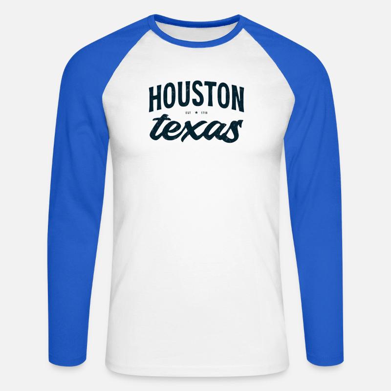 Houston Texas Script Emblem Tee - Unisex Baseballshirt langarm - Weiß/Royalblau