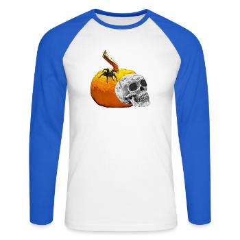menschenschädel, Kürbisse, gruselige prints - Unisex Baseballshirt langarm - Weiß/Royalblau - Vorne - Nik (191cm)