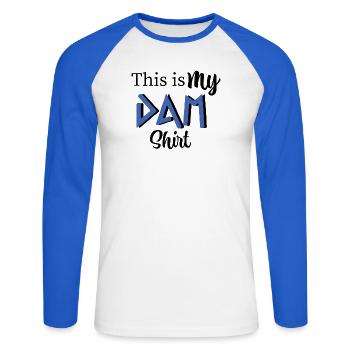 This is my DAM shirt - Percy Jackson inspired art - Unisex Long Sleeve Baseball T-Shirt - white/royal blue - Front - Nik (191cm)