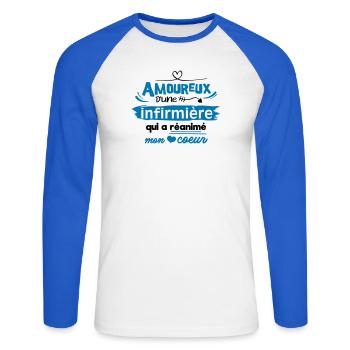 Amoureux d'une infirmière ! humour - T-shirt baseball manches longues Homme - blanc/bleu royal - Devant - Nik (191cm)