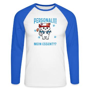 Personnel!!! Où est ma nourriture??? - T-shirt baseball manches longues Homme - blanc/bleu royal - Devant - Nik (191cm)