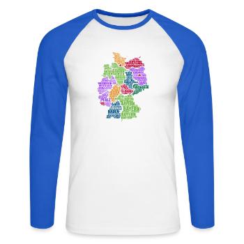Deutschland Karte - Unisex Baseballshirt langarm - Weiß/Royalblau - Vorne - Nik (191cm)