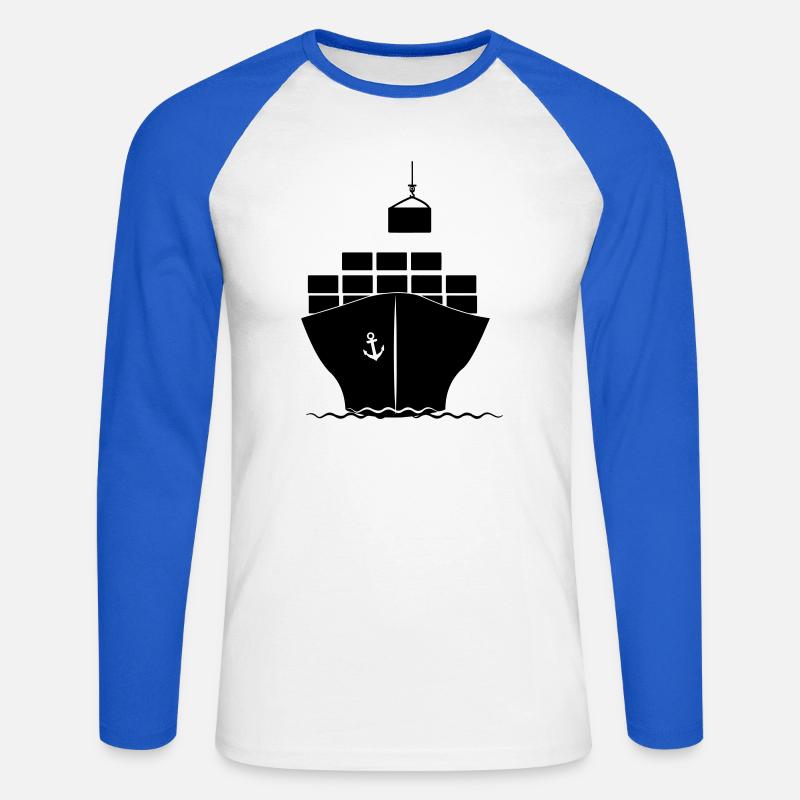 Sea container boat with crane loading - Unisex Long Sleeve Baseball T-Shirt - white/royal blue