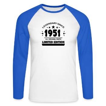 1951 - Born 1951 - Year of construction 1951 - Unisex Long Sleeve Baseball T-Shirt - white/royal blue - Front - Nik (191cm)
