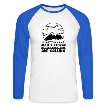 Mountain Wanderer 35th Birthday 35 Years Old Gift - Unisex Long Sleeve Baseball T-Shirt - white/royal blue - Front - Nik (191cm)