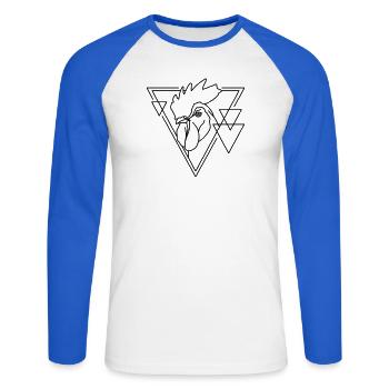 Coq en forme géométrique - Conception d’art au trait - T-shirt baseball manches longues Homme - blanc/bleu royal - Devant - Nik (191cm)