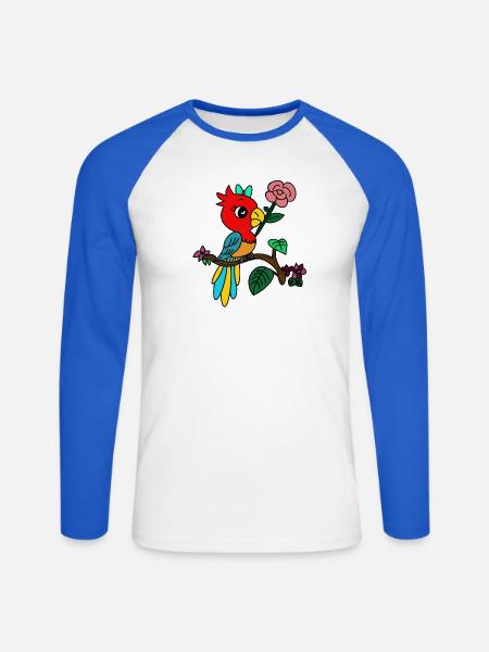 bunter Papagei auf Blütenzweig - Unisex Baseballshirt langarm - Weiß/Royalblau
