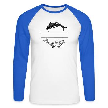Fish black and white with blank text bar - Unisex Long Sleeve Baseball T-Shirt - white/royal blue - Front - Nik (191cm)