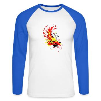 splash bunt farbe muster aufdruck comic style - Unisex Baseballshirt langarm - Weiß/Royalblau - Vorne - Nik (191cm)