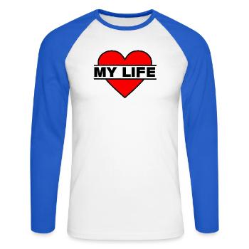 Coeur J’aime ma vie - T-shirt baseball manches longues Homme - blanc/bleu royal - Devant - Nik (191cm)