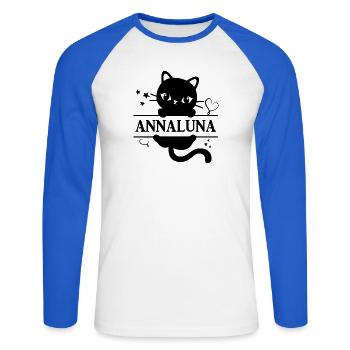 T-Shirt Annaluna T-Shirt Katze Geschenkidee Katze Katze - Unisex Baseballshirt langarm - Weiß/Royalblau - Vorne - Nik (191cm)