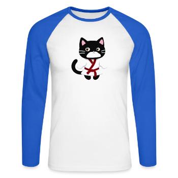 ticker, Happy Colorful Owl wearing Headphones, kaw - Unisex Baseballshirt langarm - Weiß/Royalblau - Vorne - Nik (191cm)