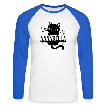 T-Shirt Annarella T-Shirt Katze Geschenkidee Katze Katze - Unisex Baseballshirt langarm - Weiß/Royalblau - Vorne - Nik (191cm)