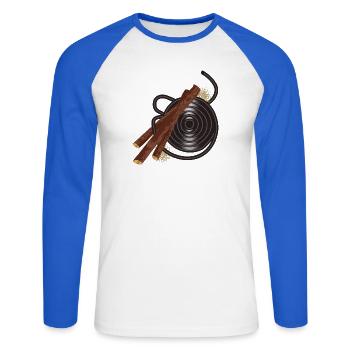 schwarze Lakritzschnecke mit Süßholz Wurzelstücke - Unisex Baseballshirt langarm - Weiß/Royalblau - Vorne - Nik (191cm)
