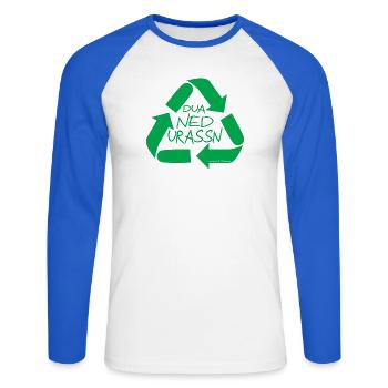 dua ned urassn-sei nicht verschwenderisch, Dialekt - Unisex Baseballshirt langarm - Weiß/Royalblau - Vorne - Nik (191cm)