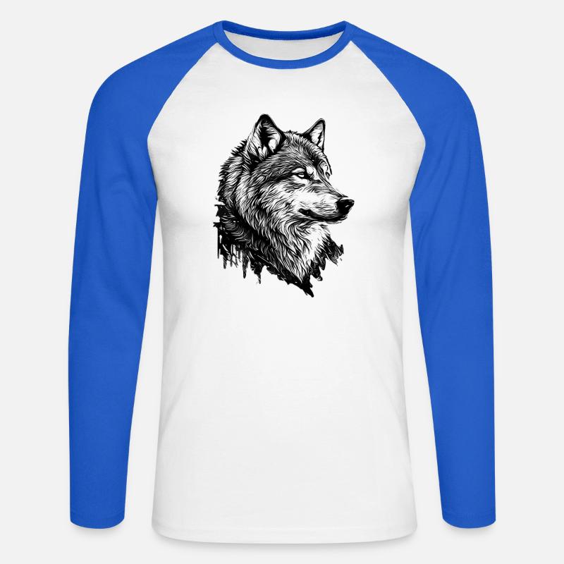 Monochromer Wolf Linienkunst - Unisex Baseballshirt langarm - Weiß/Royalblau