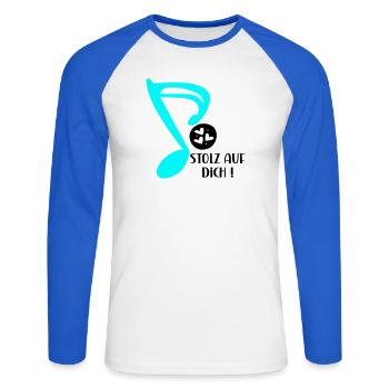 STOLZ AUF MUSIKERIN - MUSIKNOTE MUSIKINSTRUMENTE - Unisex Baseballshirt langarm - Weiß/Royalblau - Vorne - Nik (191cm)