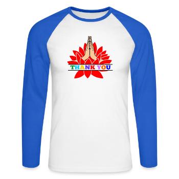 Thank you namaste - Unisex Long Sleeve Baseball T-Shirt - white/royal blue - Front - Nik (191cm)