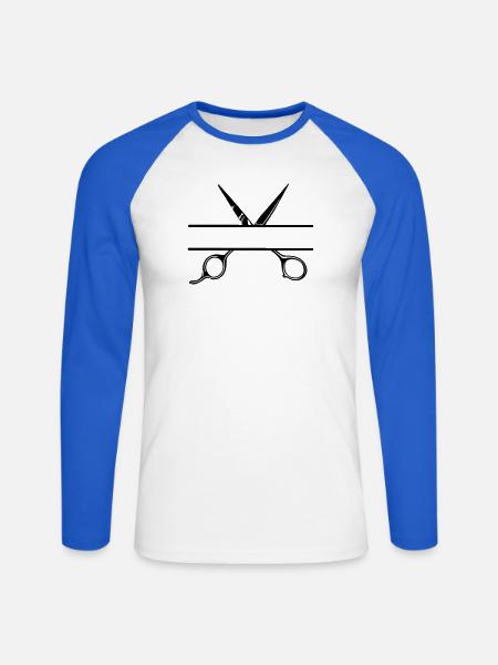 Texte bannière logo coiffeur ouvrir ciseaux - T-shirt baseball manches longues Homme - blanc/bleu royal