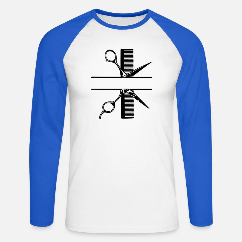 Scissors with comb text banner - Unisex Long Sleeve Baseball T-Shirt - white/royal blue