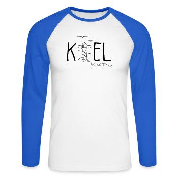 Kiel - Ostsee - Segeln - Unisex Baseballshirt langarm - Weiß/Royalblau - Vorne - Nik (191cm)
