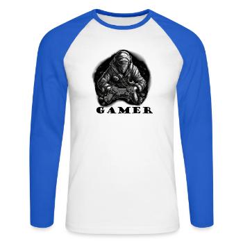 Gamer 2 - Unisex Baseballshirt langarm - Weiß/Royalblau - Vorne - Nik (191cm)